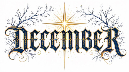 Fototapeta premium December Ornate Lettering with Star and Branches