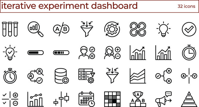 Iterative Experiment Dashboard Icon Set Featuring A B Testing Performance Analytics Optimization and Decision Making