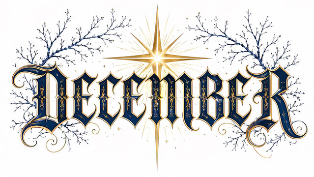 December Ornate Lettering with Star and Branches