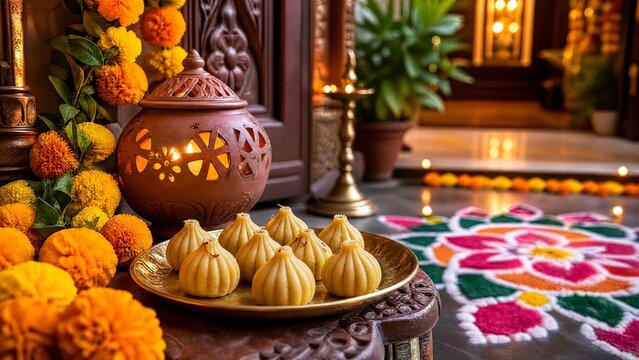 modak. Modak sweets and marigold garlands with clay lantern, Ganesh Chaturthi celebration. representing cultural heritage and milestone achievements.