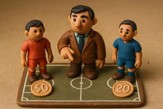 Football coach standing between two players comparing zero dollars to twenty, 3d plasticine style