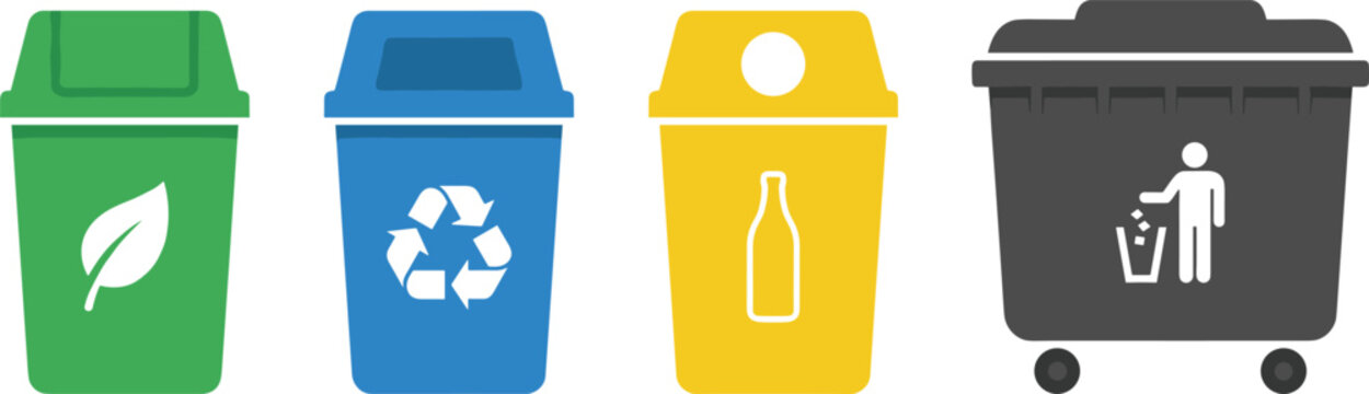 Waste sorting and recycling bin icon set featuring green organic blue plastic yellow glass and grey general garbage dumpster vector illustration