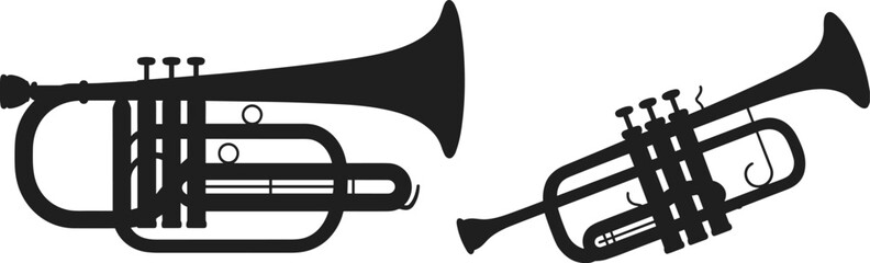 Trumpet silhouette vector illustration, brass instrument artwork, musical design concept, jazz performance icon, orchestra music graphic, classical band instrument art © MOSTSHAHANAJ