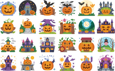 Fototapeta premium Haunted pumpkin house illustrations featuring spooky halloween scenes and dark castles