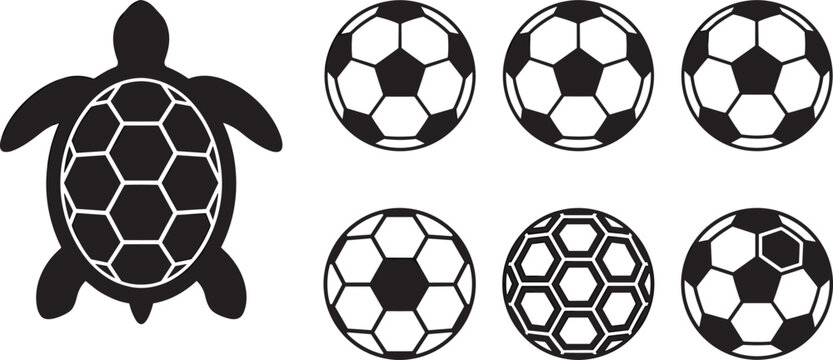 Turtle shell soccer ball silhouettes geometric hexagon pentagon pattern black vector illustration nature sports design collection for stock image