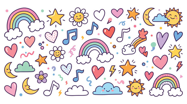 Colorful cartoon doodles of hearts, stars, clouds, and music notes on a with smiling faces and rainbows