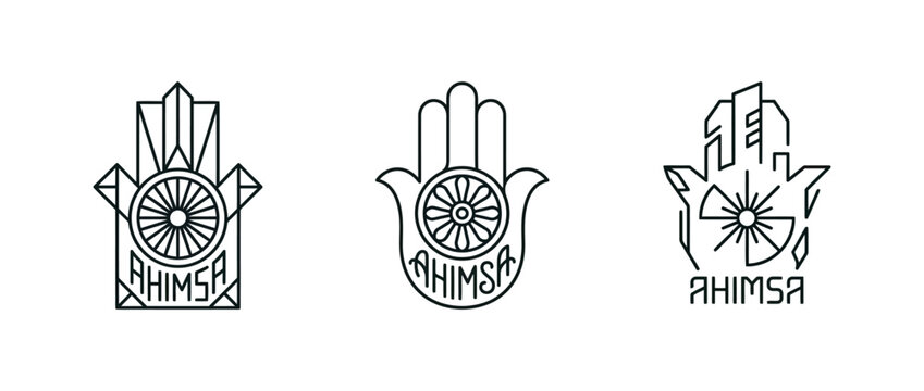 Three minimalist black and white symbols representing jainism and the principle of non violence