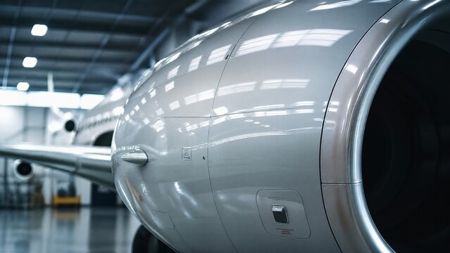 nacelle. Streamlined outer shell of aircraft engine nacelle reflecting hangar lights. mobility guides, transit brochures, designed for transport & logistics marketing, supports logistics messaging.