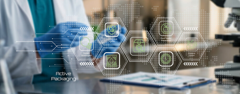 Modern Active Packaging Technology Concept Showing Smart Hexagonal Network Designs and Laboratory Workspace