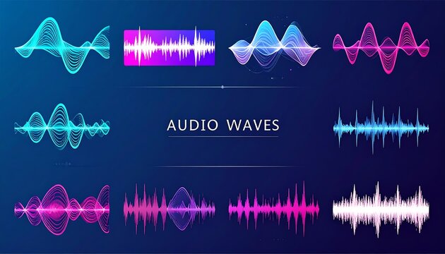 Collection of Colorful Audio Waveforms: A vibrant display of digital audio wave representations in various colors and patterns against a dark background.
