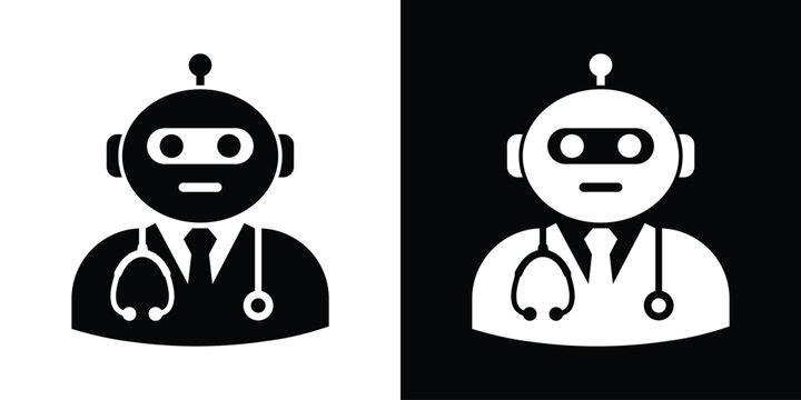 Minimalist vector icon of a robot doctor avatar wearing a stethoscope. Features side-by-side black and white versions, perfect for medical AI, telehealth, and future digital healthcare concepts.