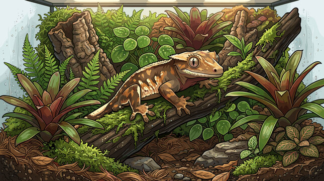 A colorful crested gecko perched on a mossy log inside a vibrant tropical terrarium filled with ferns and exotic plants, perfect for pet care and biology education content.