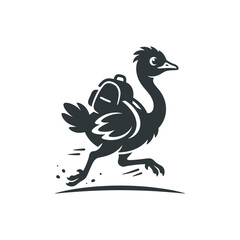 Fototapeta premium Fast emu bird wearing backpack running on travel adventure