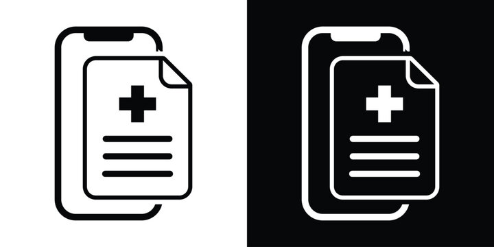 Mobile online medical prescription icon. Features a smartphone displaying a health document with a cross symbol. Supplied in stark black and white styles for e-health applications.