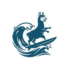Stylized teal llama surfing on a large ocean wave. © Alma