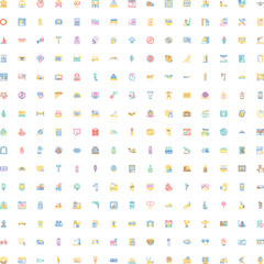 Naklejka premium Big collection of colorful flat line icons featuring diverse symbols and objects for web, app and print design minimalist, modern vector pack for ui, branding and infographics