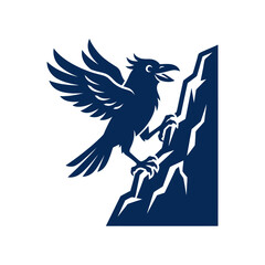 Fototapeta premium Stylized black crow perched on jagged cliff mountain edge.