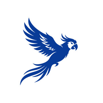 Flying macaw parrot silhouette in navy blue.