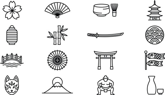 Traditional Japanese culture and travel line icon set featuring torii gate pagoda sakura katana mount fuji sumo wrestler matcha tea and sake vector illustration