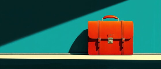 Naklejka premium A brightly colored red briefcase sits on a shelf against a teal wall, with diagonal shadows