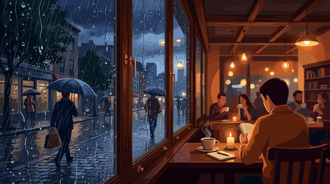 A man reads in a warm, cozy cafe during a rainy night. View through a window showing people with umbrellas on a wet street. Atmospheric digital art for cozy, study, and relaxing themes.