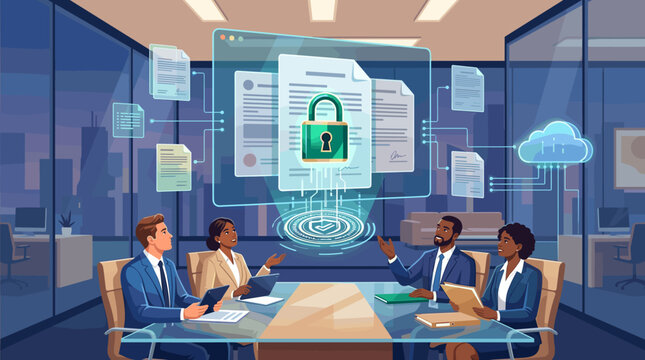 Diverse team of professionals in a modern office using holographic interface for secure document management, cybersecurity, and cloud data protection strategy.