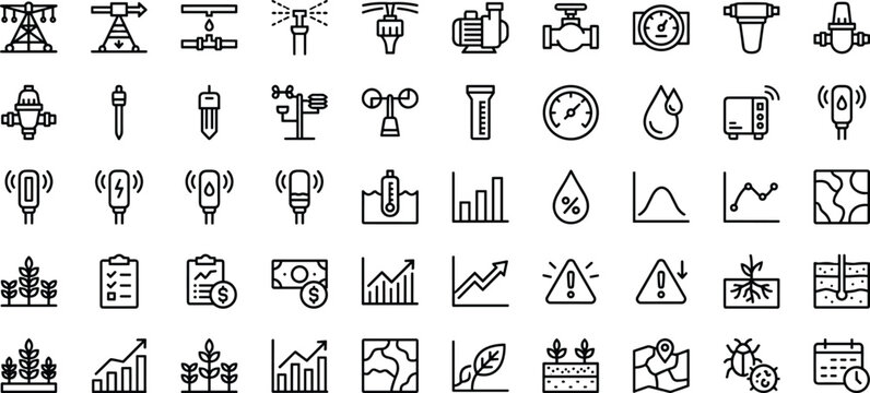 Smart Irrigation Monitoring Analytics Icon Set Featuring Sensor Data Tracking Crop Health Management and Precision Agriculture