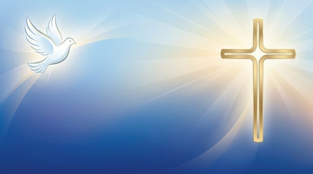 Christian cross symbol with a white flying dove set against a soft glowing blue background.