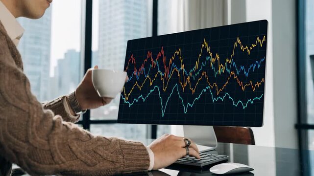 Detailed medium shot capturing a multiasset simulated portfolios risk analysis on a desktop the graph lines in sharp focus while the rest of the office remains blurred.