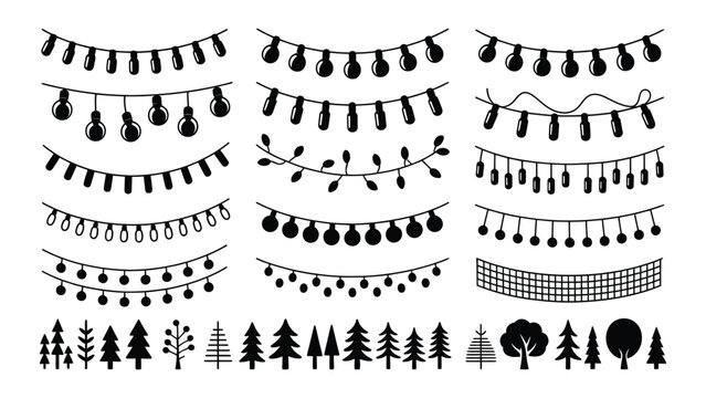 Various christmas tree and string light silhouettes on white background