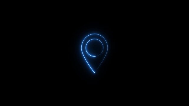 Abstract location glowing neon icon fast tracking map pin icon animation, Animated of neon location icon tracking concept on black background.