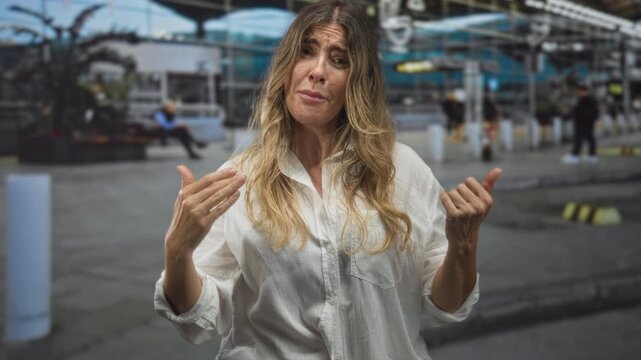 Middle aged woman with open hands pleading at airport curb wearing a white shirt and loose blonde hair; frustration appeal.