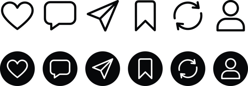 Social media interaction line icon set featuring heart like speech bubble comment paper plane share bookmark save repost and profile user button vector illustration