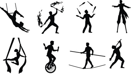 Set of circus performer black silhouettes including aerial silk artist trapeze acrobat fire spinner juggler unicycle rider stilt walker tightrope walker and sword swallower © MstMinara