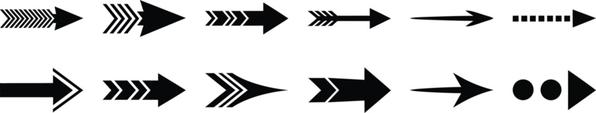 Collection of various black arrow icons and symbols for graphic design and direction indication