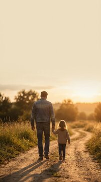 Father and child walking together on a country road at sunset in a peaceful nature landscape.