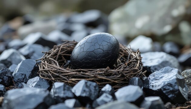 A close-up view of a dragon egg resting in a nest on obsidian crystals.