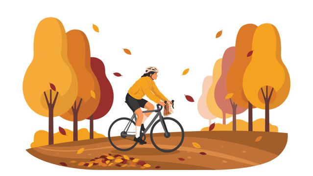 Cyclist riding a bicycle through an autumn forest with vibrant orange and yellow trees and falling leaves scattered on the path.