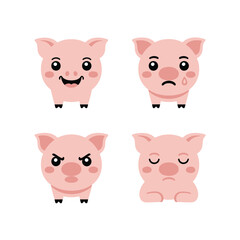 Cute Piglets, Faces With Cheeks And Expressions, Trendy Colorful Style, Icon Set, Flat Vector Icons, Decorative Elements, Farm Clipart Collection © Feelio
