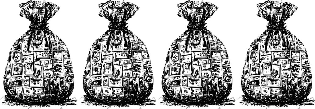 Four vintage money bags with coin and bill patterns stacked in a row