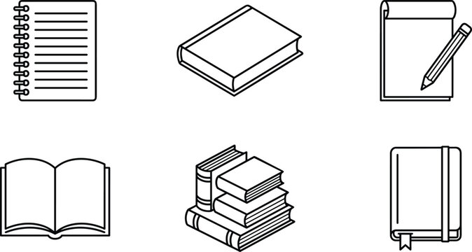 Office stationery and education line icon set featuring spiral notebook hardcover textbook open book stack of books diary and notepad with pencil vector illustration