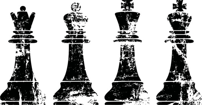 grunge black chess king and queen pieces set, vintage distressed game icons, strategy and intellect symbols