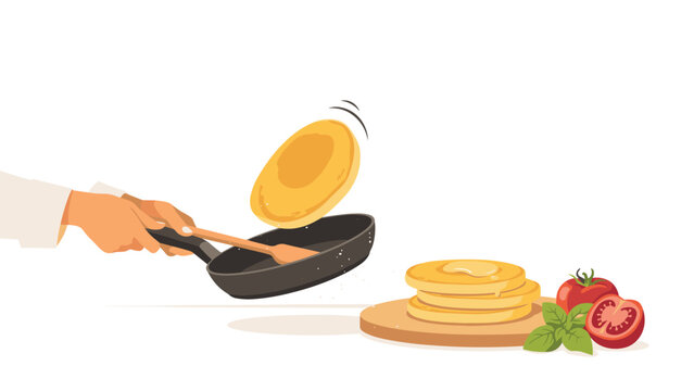 Chef flips pancake in frying pan with wooden spatula, accompanied by stack of pancakes, fresh tomatoes, and basil for breakfast preparation.