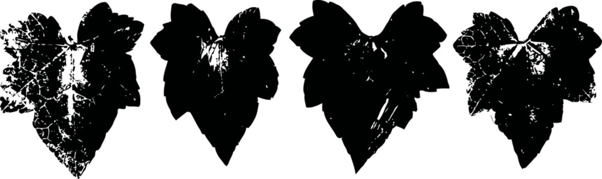 set of four black silhouette grapevine leaves isolated on white background