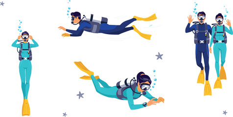 Scuba Diving Couple and Divers Character Vector Set Swimming Underwater with Snorkeling Equipment, Masks, Fins, and Oxygen Tanks in Flat Design © MstRabeya