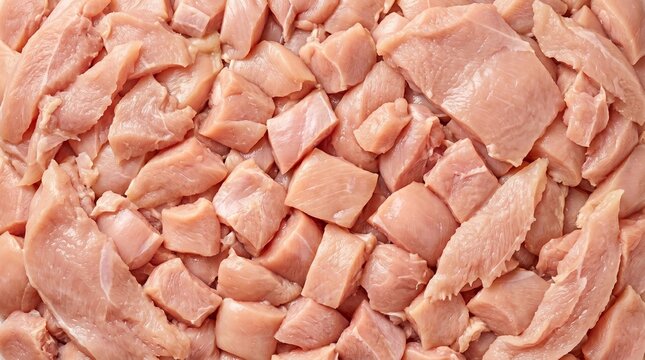 Raw chicken breast cubes background top view of diced poultry meat