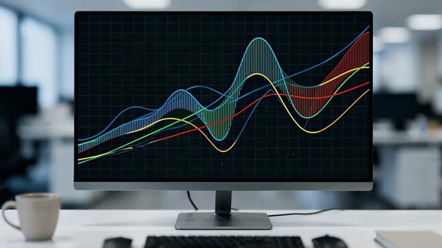 Detailed medium shot capturing a multiasset simulated portfolios risk analysis on a desktop the graph lines in sharp focus while the rest of the office remains blurred.