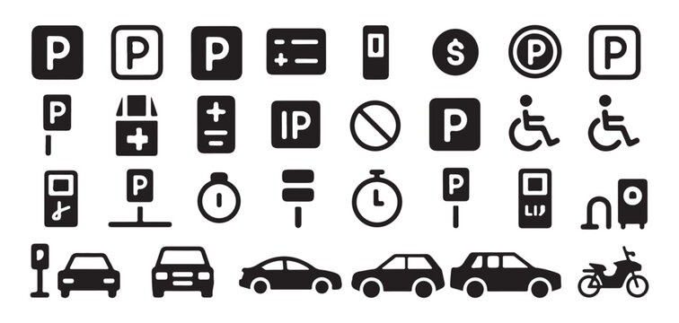 Diverse parking icons featuring cars motorcycles disabled access and payment options.