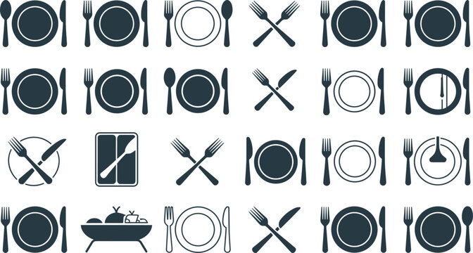 Restaurant cutlery and plate setting icon set featuring forks knives spoons and dinnerware dining symbolsrestaurant,