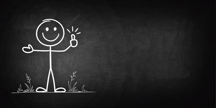 Chalk drawn stick figure with thumbs up on blackboard representing positivity, approval, happiness and motivational concept copy space